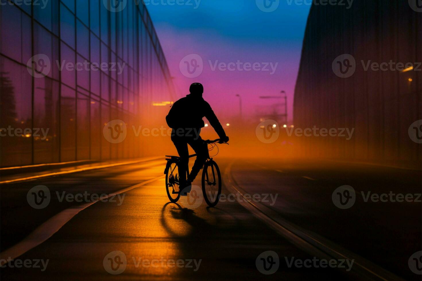 silhuett av en person på en pendlare cykel, navigerande kväll ai genererad foto