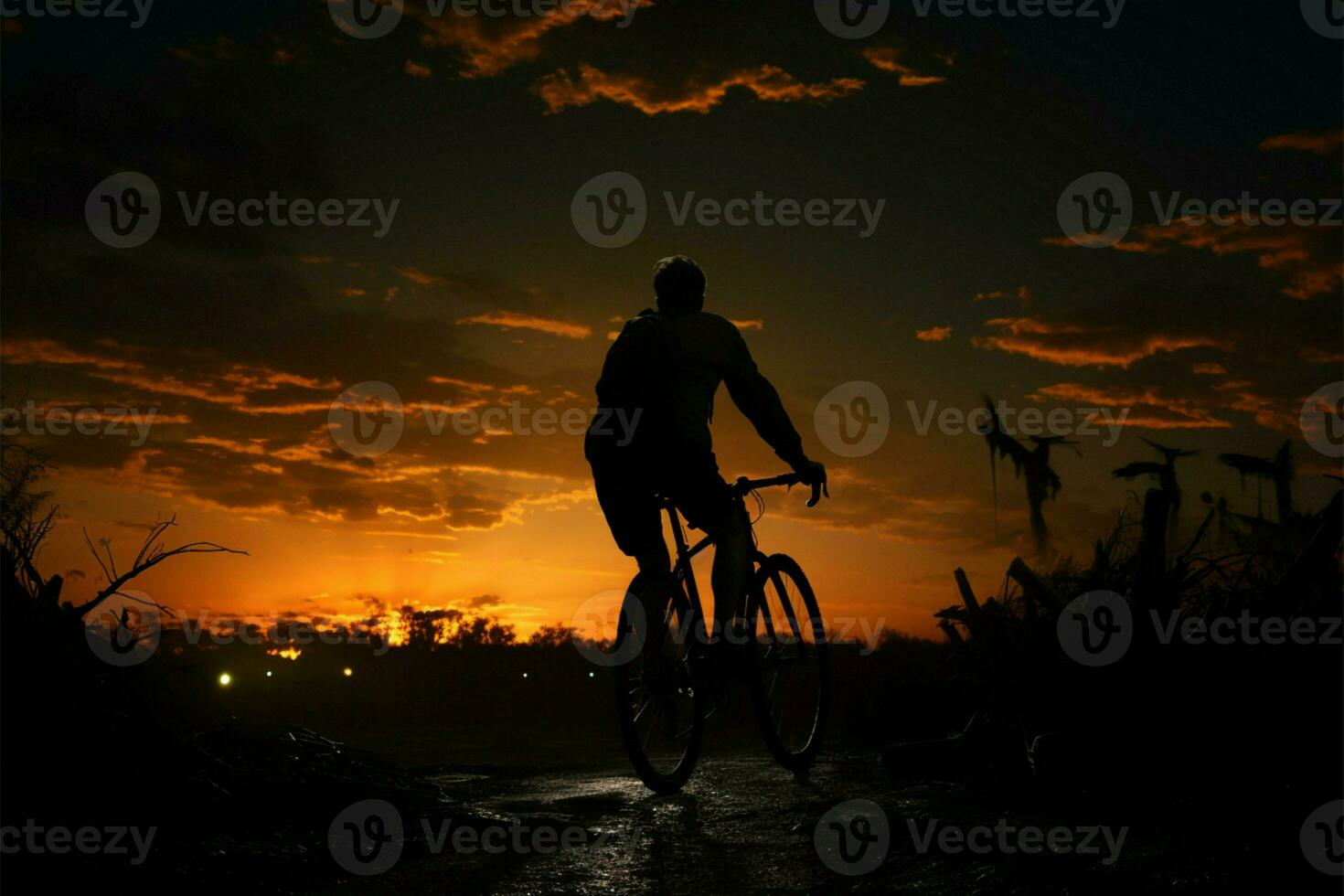 en man rider hans cykel som natt sänker sig, en fredlig resa ai genererad foto