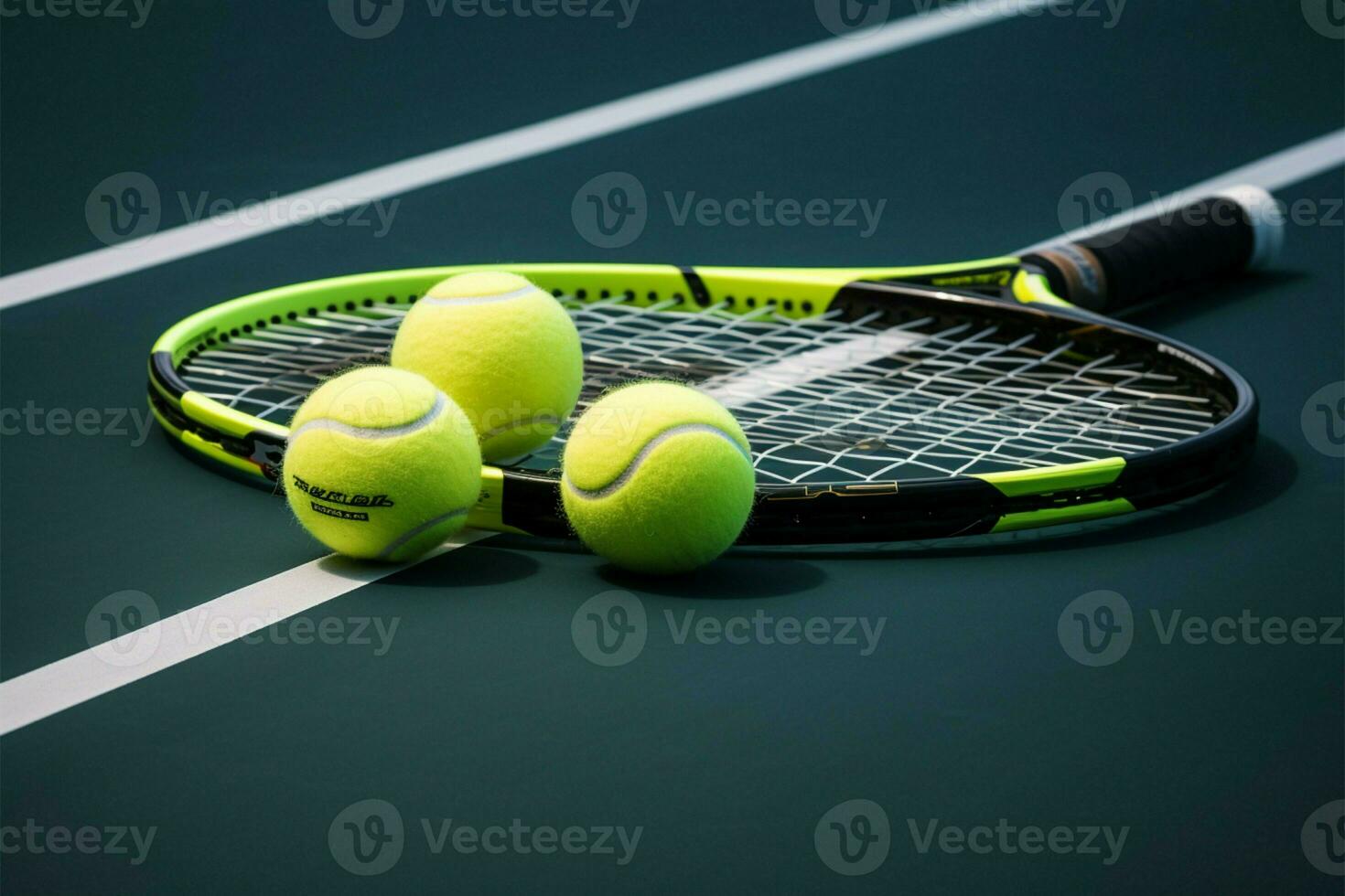 en tennis racket och bollar resten, redo för en konkurrenskraftig match ai genererad foto