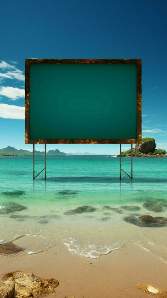 aqua anslagstavla vista obesatt tecken på strand, gazing över lugn vattnen vertikal mobil tapet ai genererad foto
