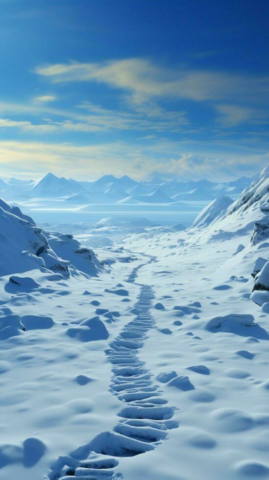 sluttning resa snö täckt fotspår spår mänsklig klättra mitt i lugn snöig terräng vertikal mobil tapet ai genererad foto