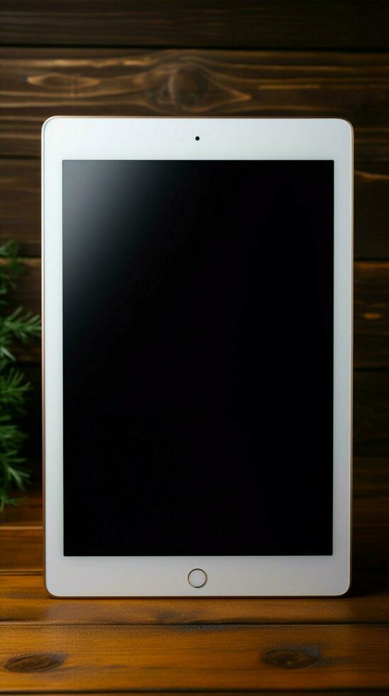 topp se svart e bok, vit skärm, manlig hand på mörk trä bakgrund vertikal mobil tapet ai genererad foto