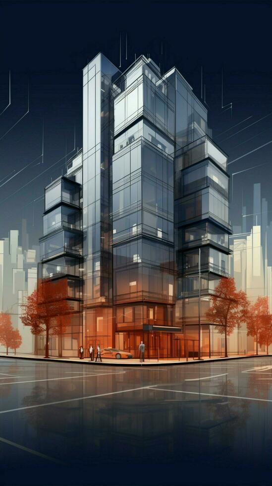 urban design väsen byggnad trådmodell i 3d, konstnärlig skiss, vektor tolkning vertikal mobil tapet ai genererad foto
