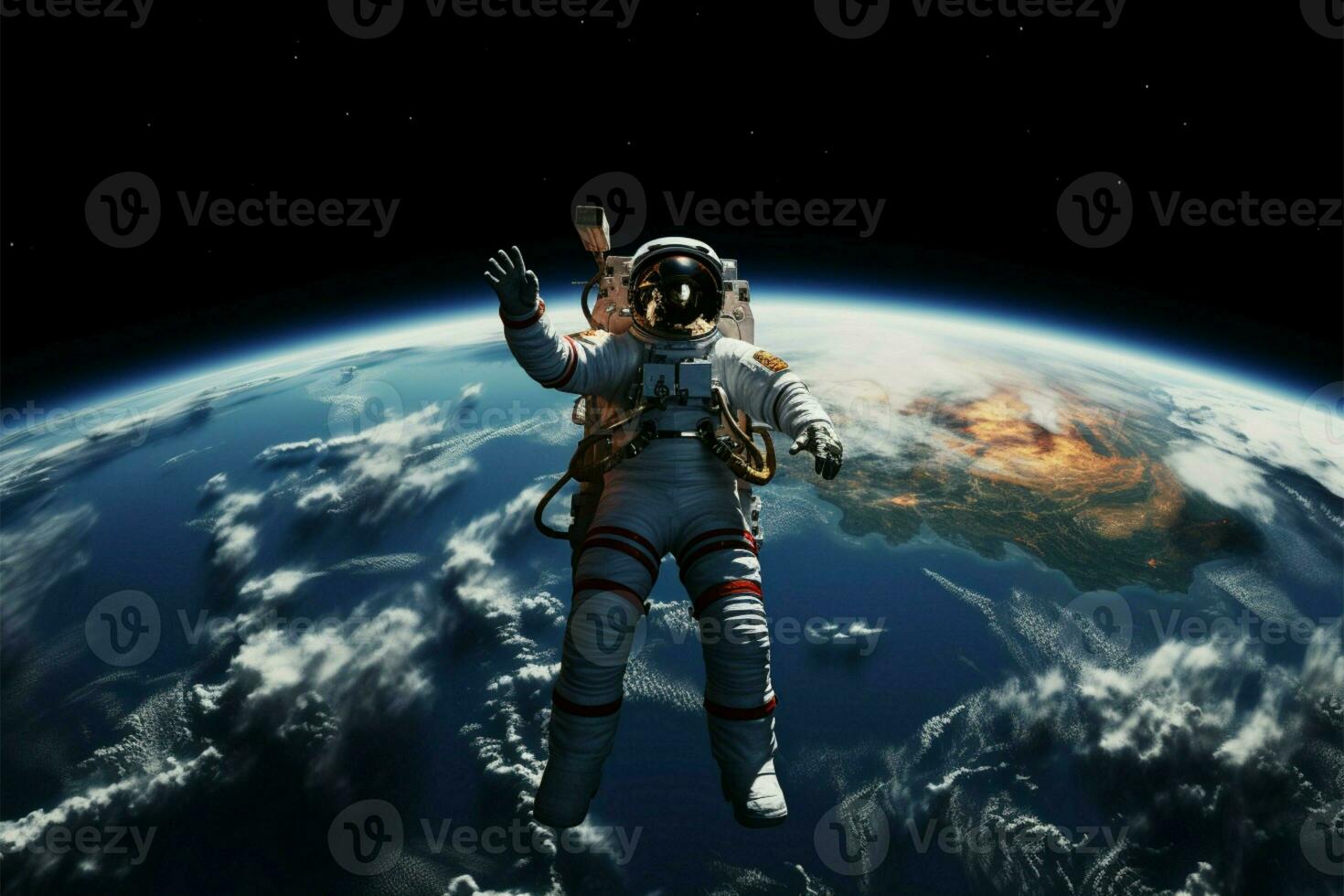 astronauter himmelsk odyssey bevakning jord från de transformativa kosmos ai genererad foto