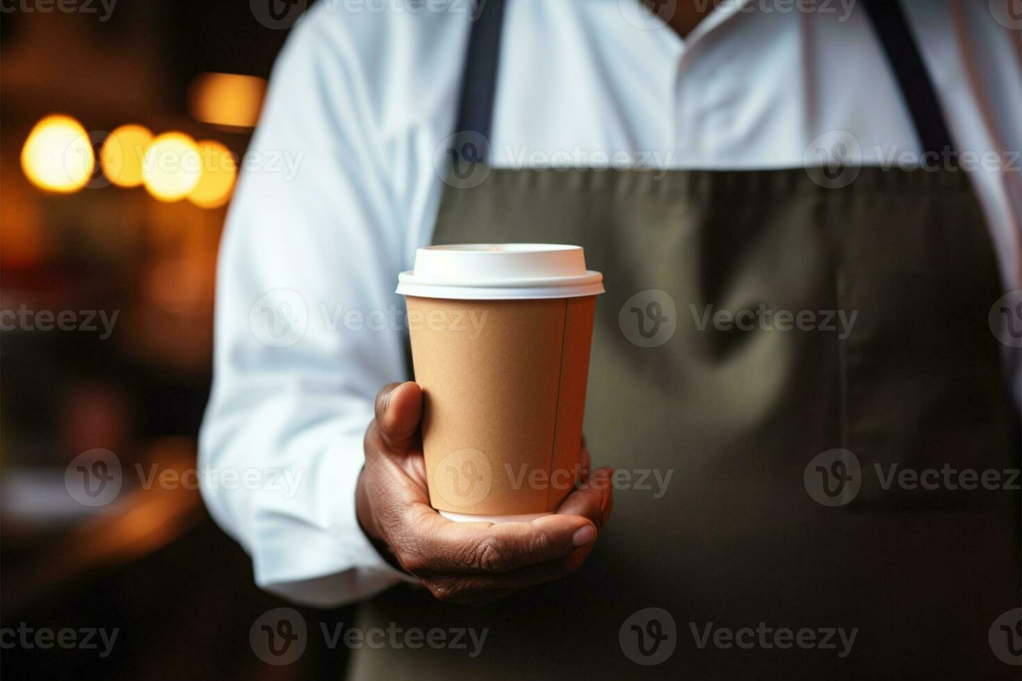 Barista serverar en hämtmat papper kopp av ångande kaffe graciöst ai genererad foto