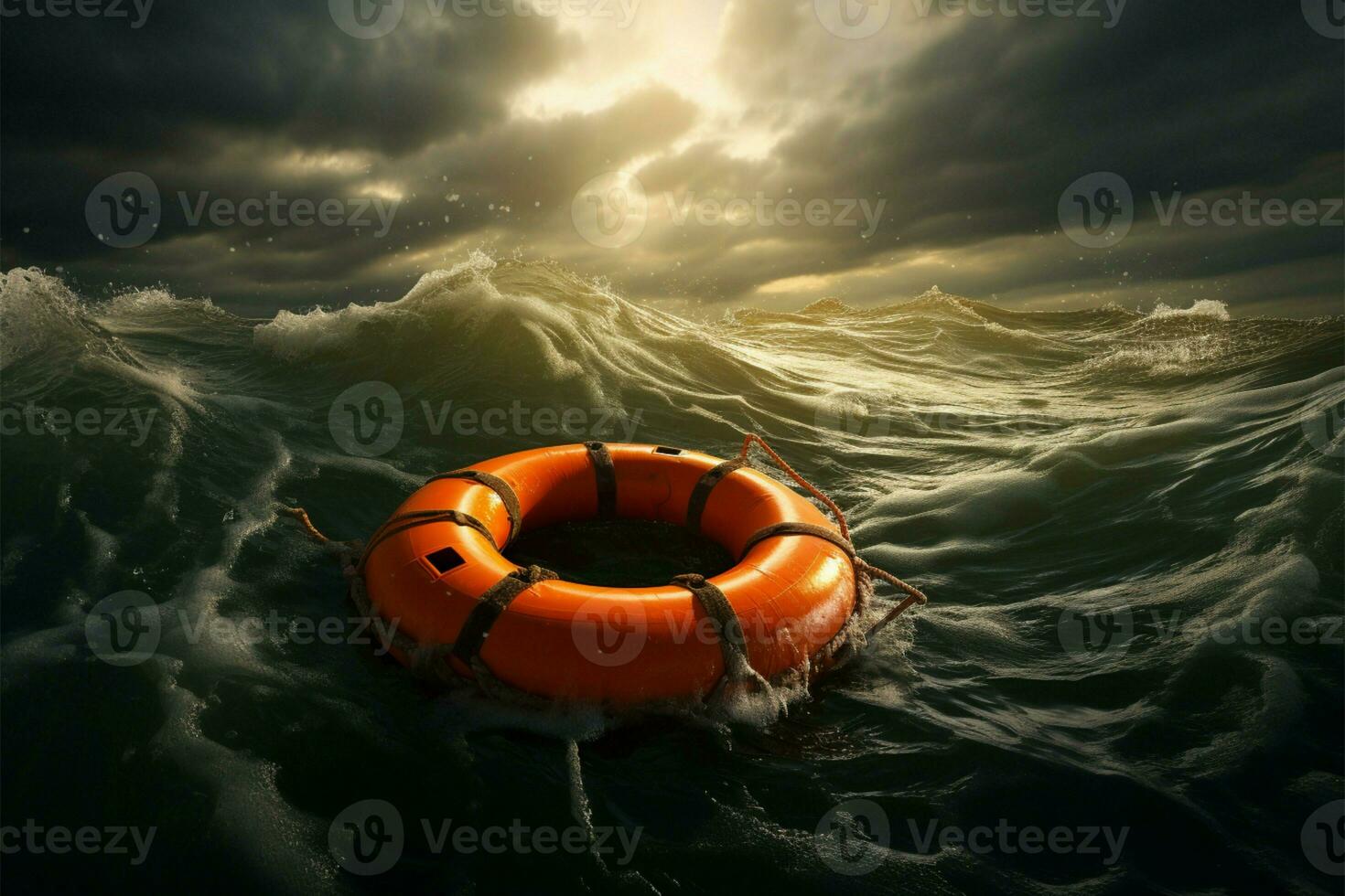 stormig hav scen orange liv boj betänkligt flyter mitt i tumult ai genererad foto