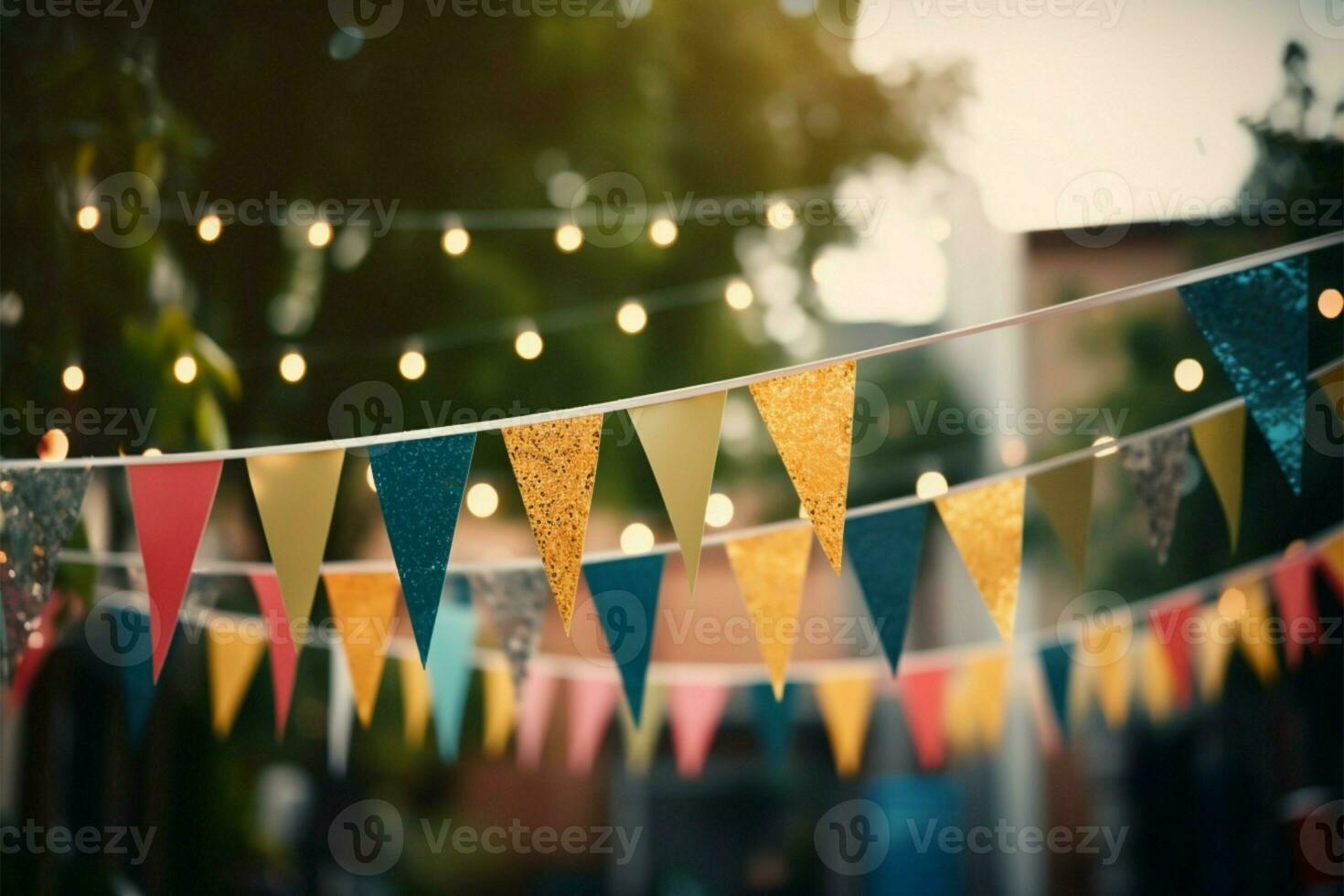 årgång tonad firande med dekorativ triangel- flaggor på ett utomhus- fest ai genererad foto