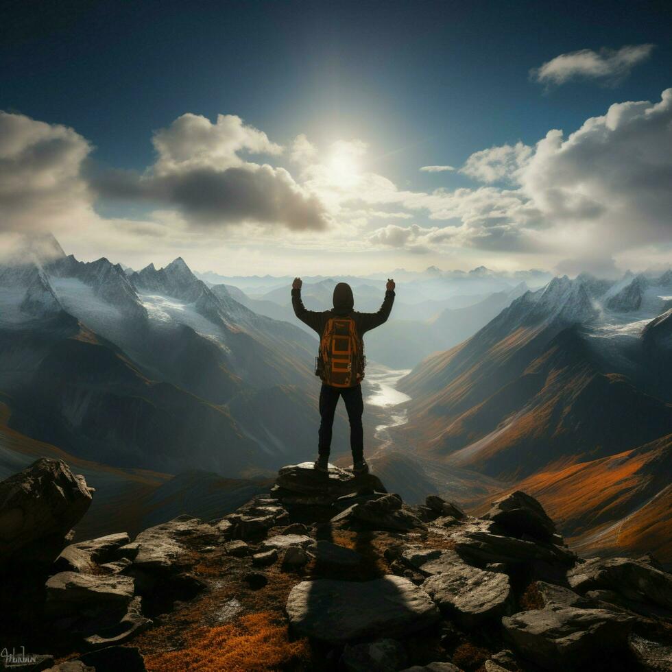 toppar triumf, framgångsrik man vandrare savors se, erövrande både berg och resa för social media posta storlek ai genererad foto