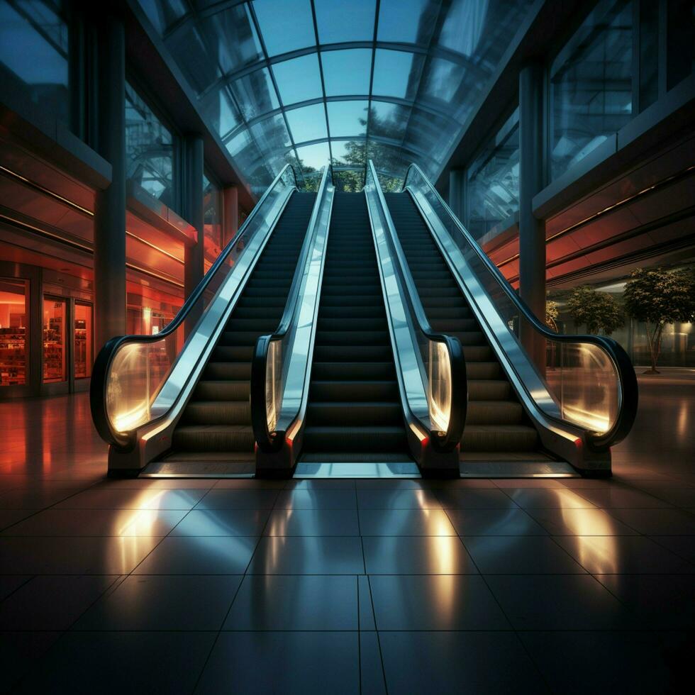 arkitektonisk dynamik stänga upp av rulltrappa i samtida byggnad eller tunnelbana station för social media posta storlek ai genererad foto