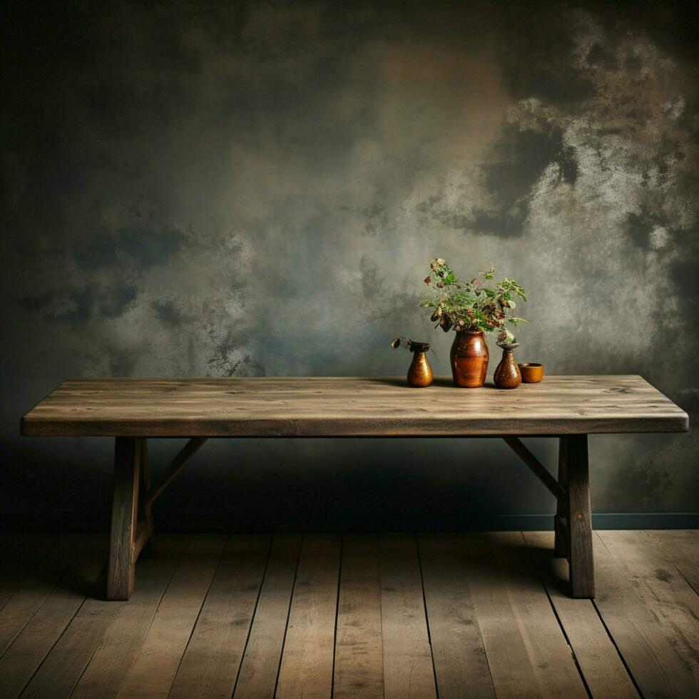 rustik trä tabell yta kompletteras med grunge betong texturerad vägg för social media posta storlek ai genererad foto