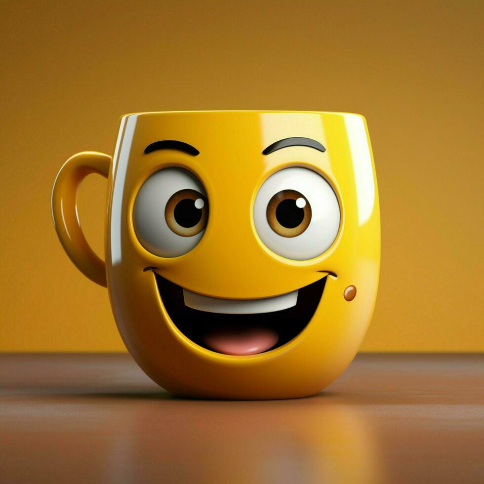 leende java kopp karaktär lyser på gul en söt ansikte med kopia Plats för social media posta storlek ai genererad foto