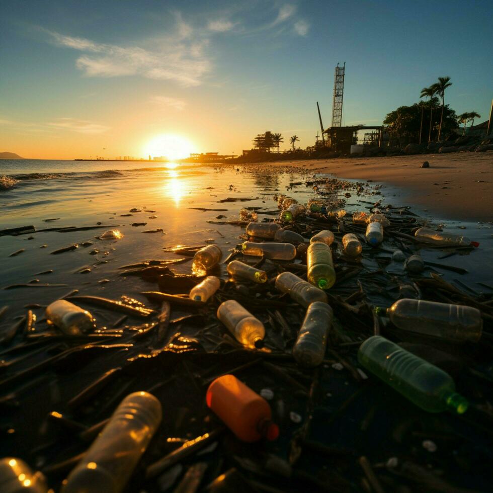 strand förorening avbildad med plast flaskor och skräp nedskräpning de strandlinje för social media posta storlek ai genererad foto