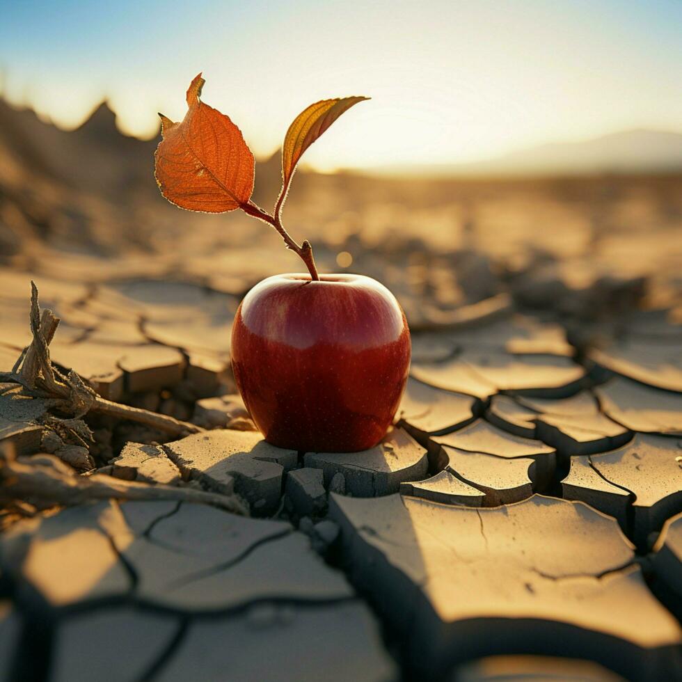öken- scen äpple på knäckt jord betecknar mat osäkerhet, vatten brist, jordbruks kris för social media posta storlek ai genererad foto