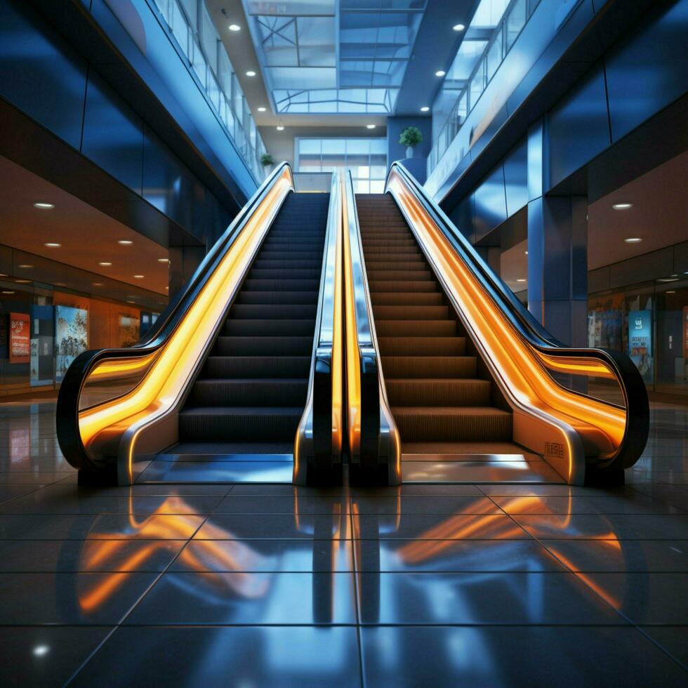 detalj skott av rulltrappa i modern byggnader eller tunnelbana station för social media posta storlek ai genererad foto