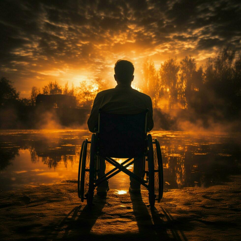 Inaktiverad person i rullstol silhuett, främja medvetenhet för social media posta storlek ai genererad foto