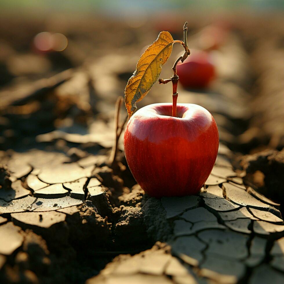 torka drabbade jord vaggar äpple, symbolisk av hunger, vatten brist, och jordbruks ångest för social media posta storlek ai genererad foto