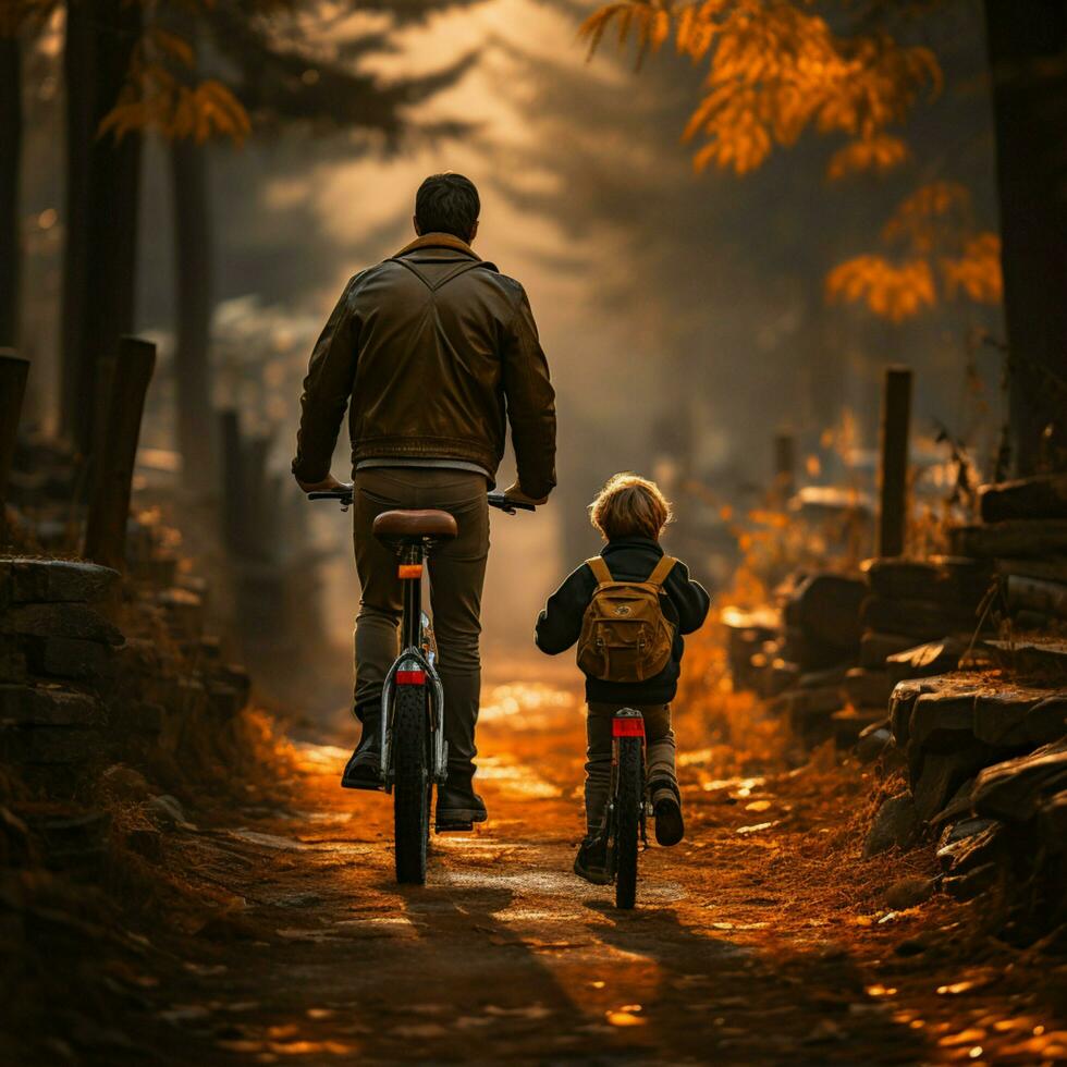 faderlig Stöd, man tränare childs cykel ridning, tittade från Bakom för social media posta storlek ai genererad foto