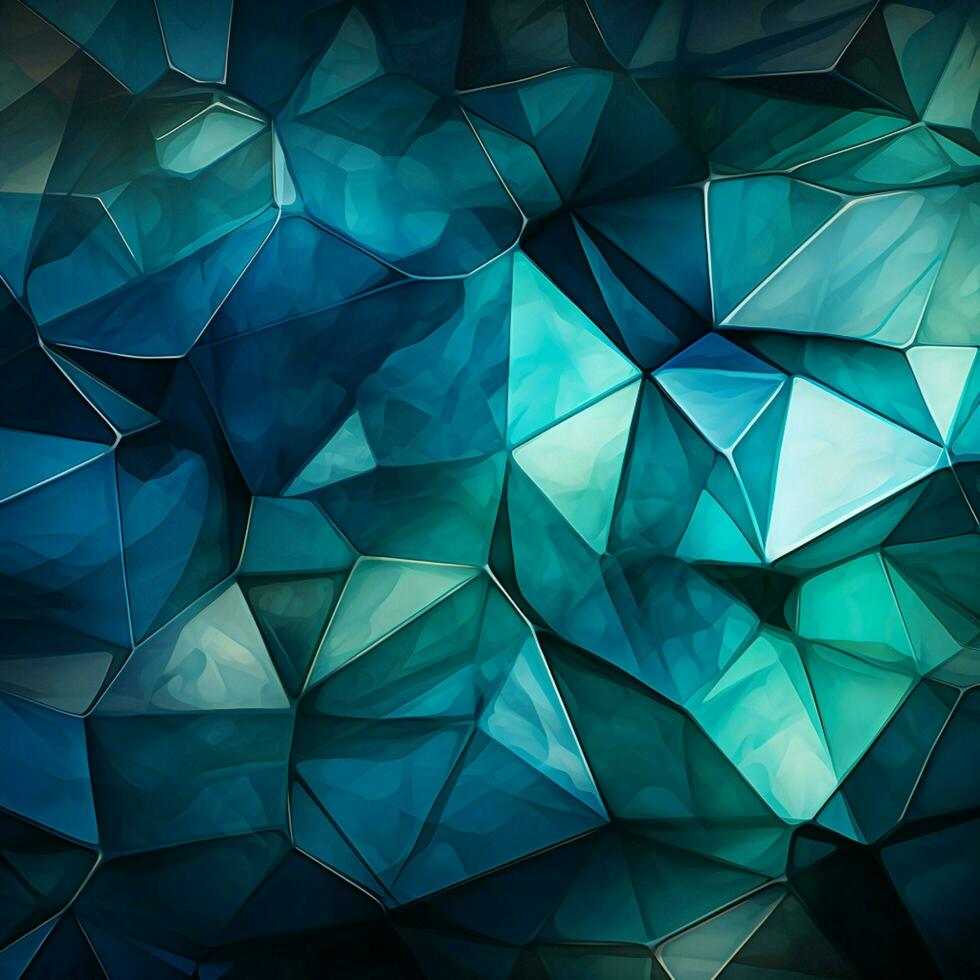 geometrisk intrig abstrakt trianglar sammanslagning djup blå, grön, vit, och vibrerande cyan för social media posta storlek ai genererad foto