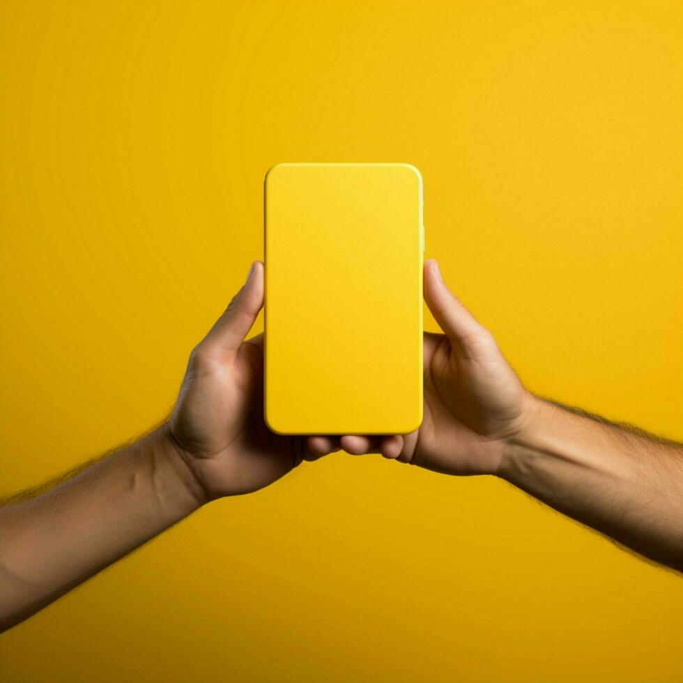 hand sträcker sig låda mot telefon, mot livlig gul bakgrund fängslande konvergens för social media posta storlek ai genererad foto