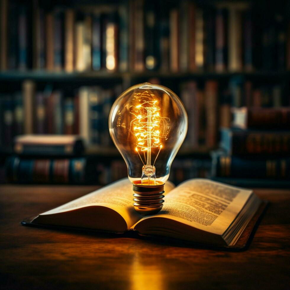 belysande kunskap lysande Glödlampa förstärker böcker visdom, symboliserar uppfinningsrik inspiration för social media posta storlek ai genererad foto