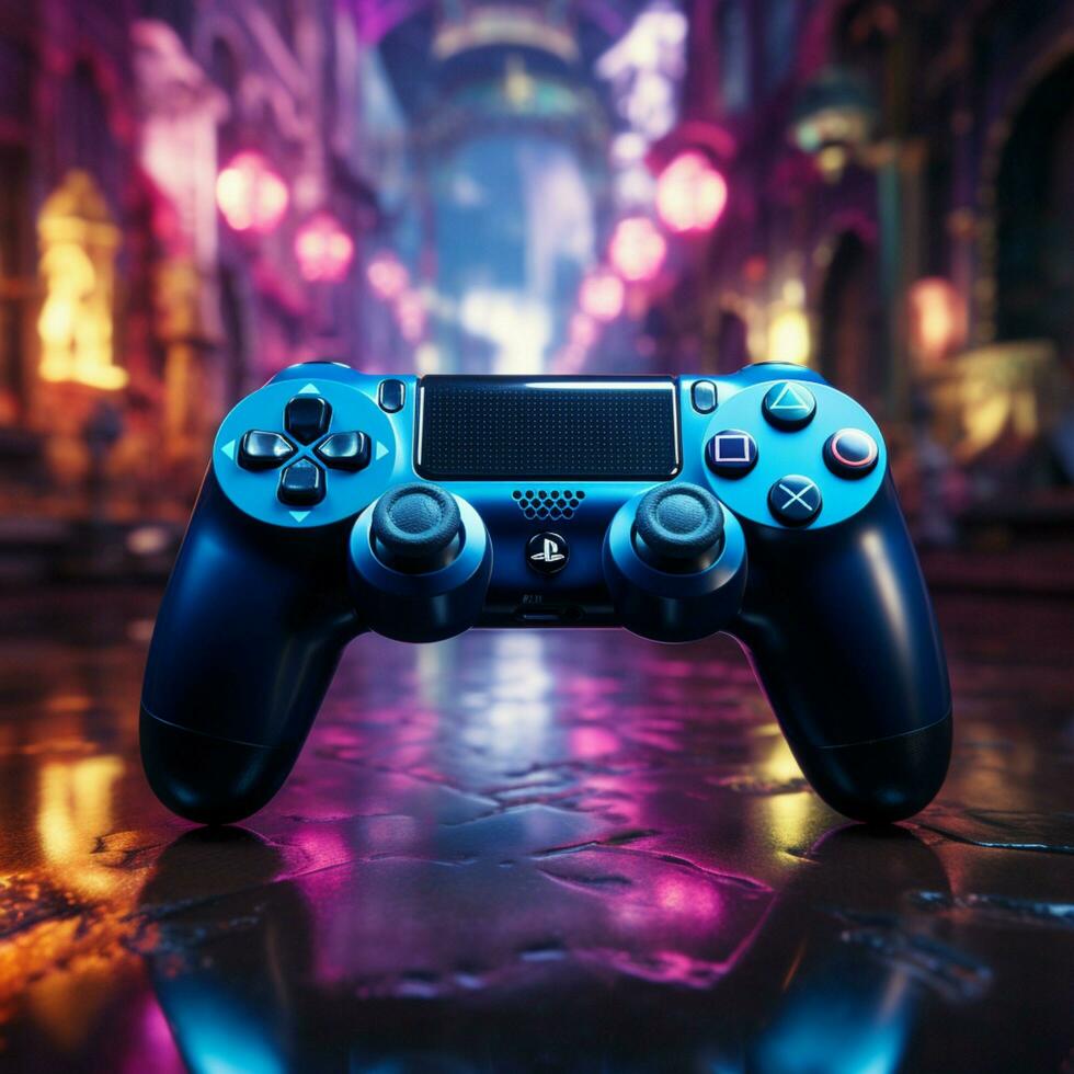 nedsänkt i blå tema video spel, stänga upp av joystick förstärker sent natt gaming atmosfär för social media posta storlek ai genererad foto
