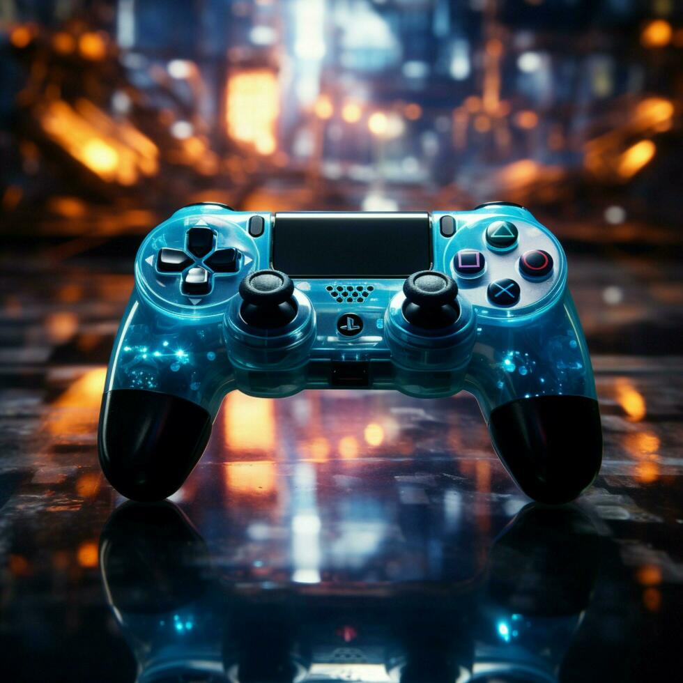 nedsänkt i blå tema video spel, stänga upp av joystick förstärker sent natt gaming atmosfär för social media posta storlek ai genererad foto