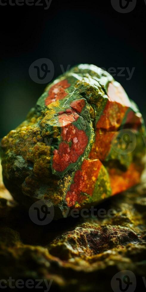 Foto av de mineral sten unakite närbild, makro. generativ ai