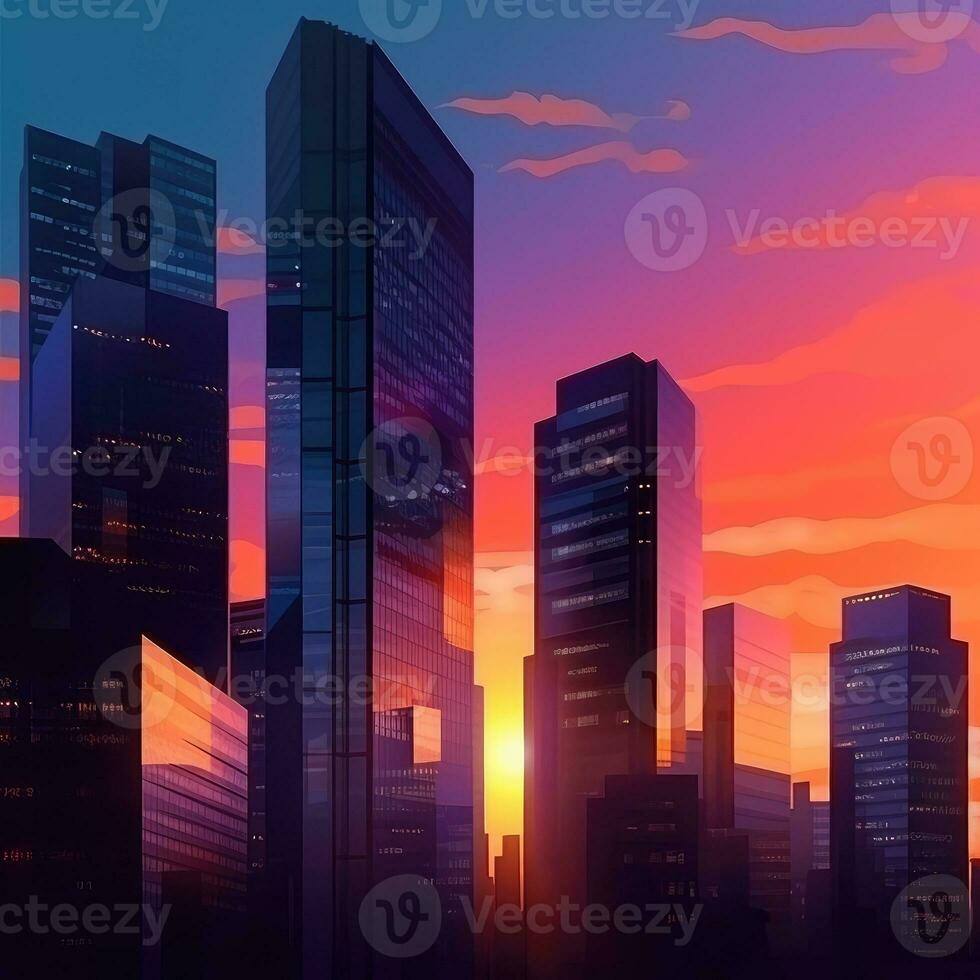skyskrapor i de Sol på solnedgång. generativ ai foto