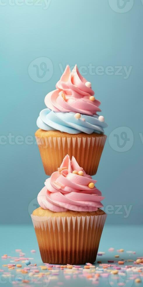 utsökt cupcakes. aptitlig muffins på en pastell bakgrund. generativ ai foto