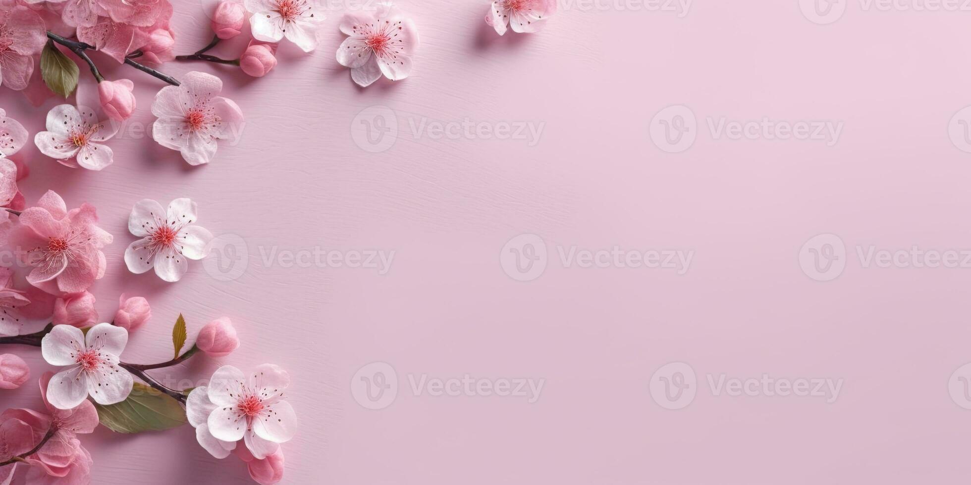 romantisk Foto av blommor på en rosa bakgrund med Plats för text. generativ ai