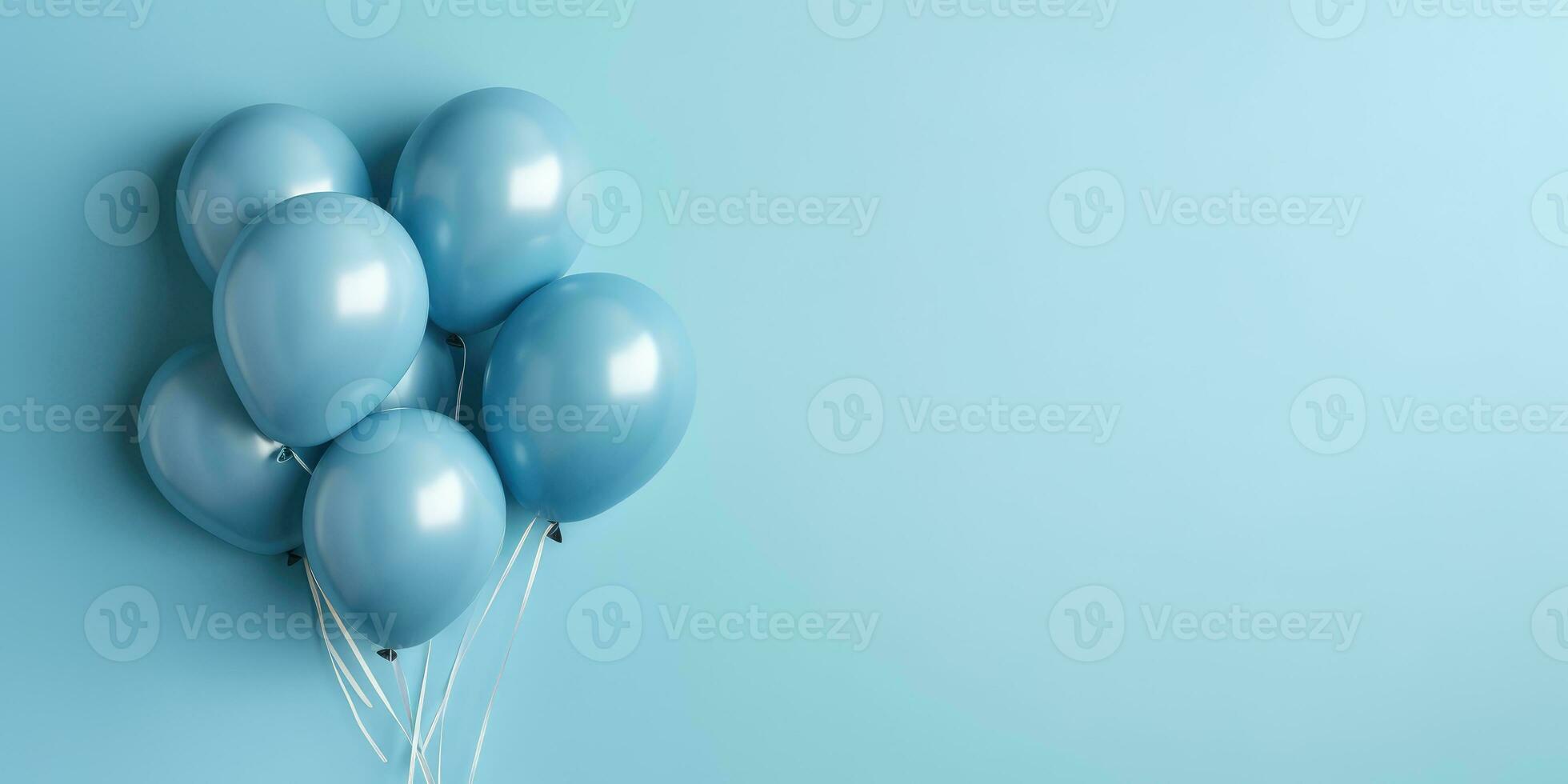 blå ballonger på en blå bakgrund, med plats för text. de baner är blå. generativ ai foto