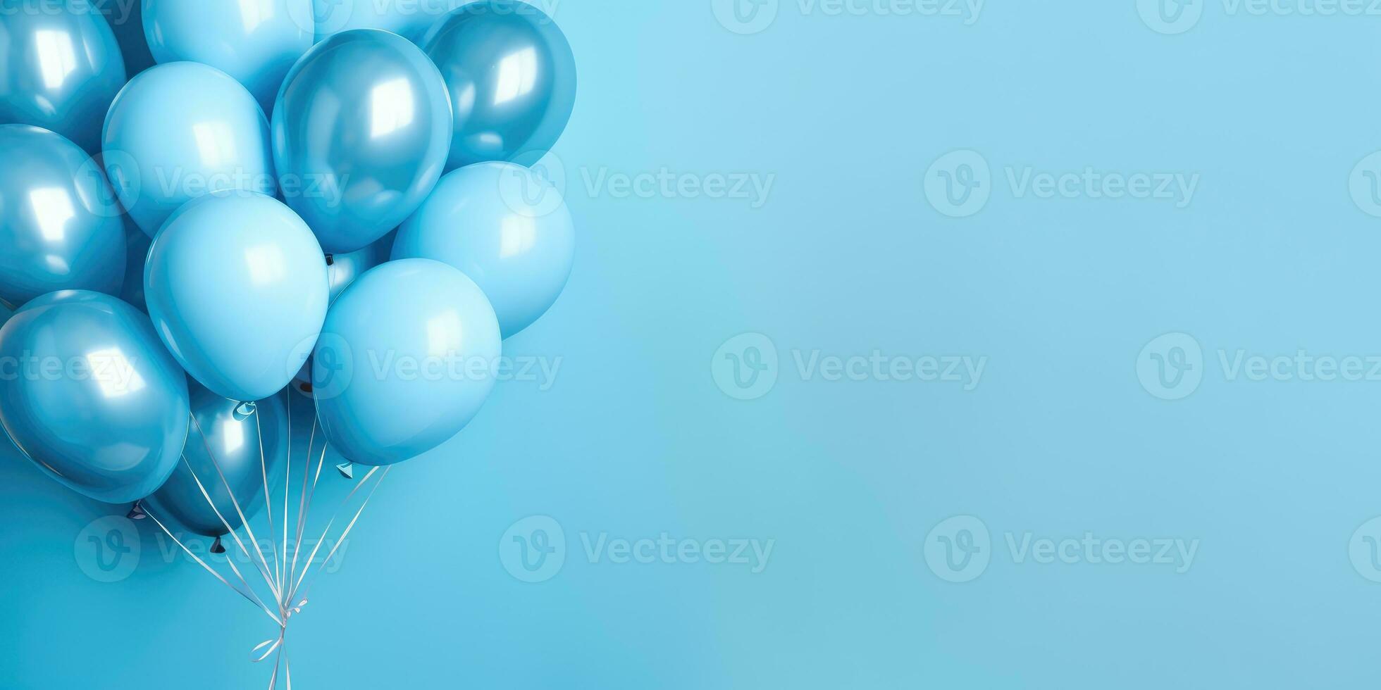blå ballonger på en blå bakgrund, med plats för text. de baner är blå. generativ ai foto