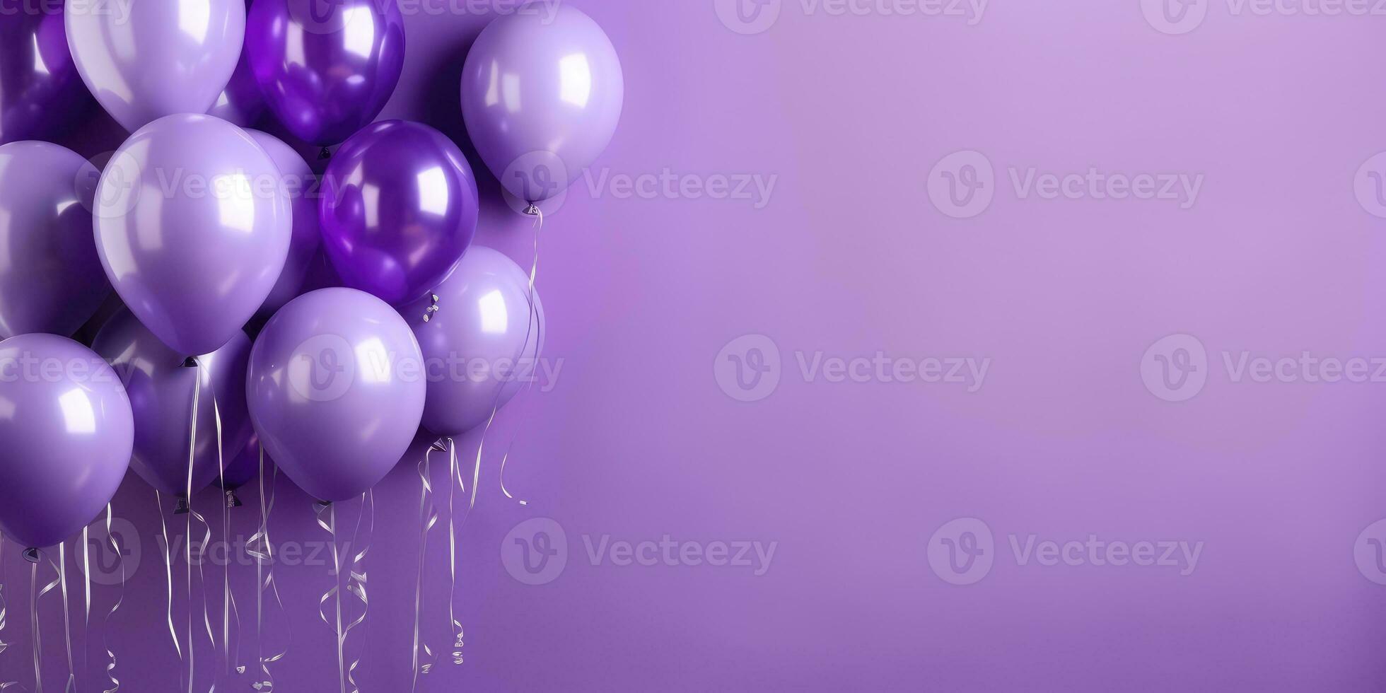 lila ballonger på en lila bakgrund, med Plats för text. lila baner. generativ ai foto
