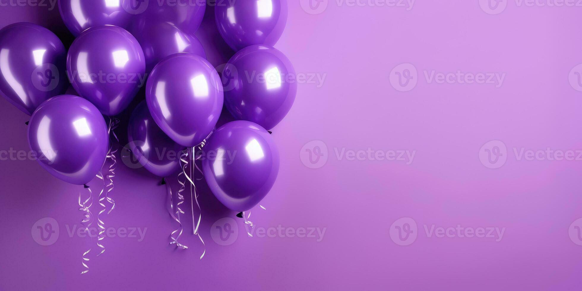 lila ballonger på en lila bakgrund, med Plats för text. lila baner. generativ ai foto