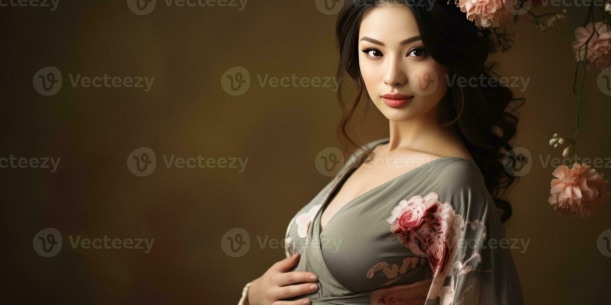 gravid skön asiatisk flicka närbild. generativ ai foto