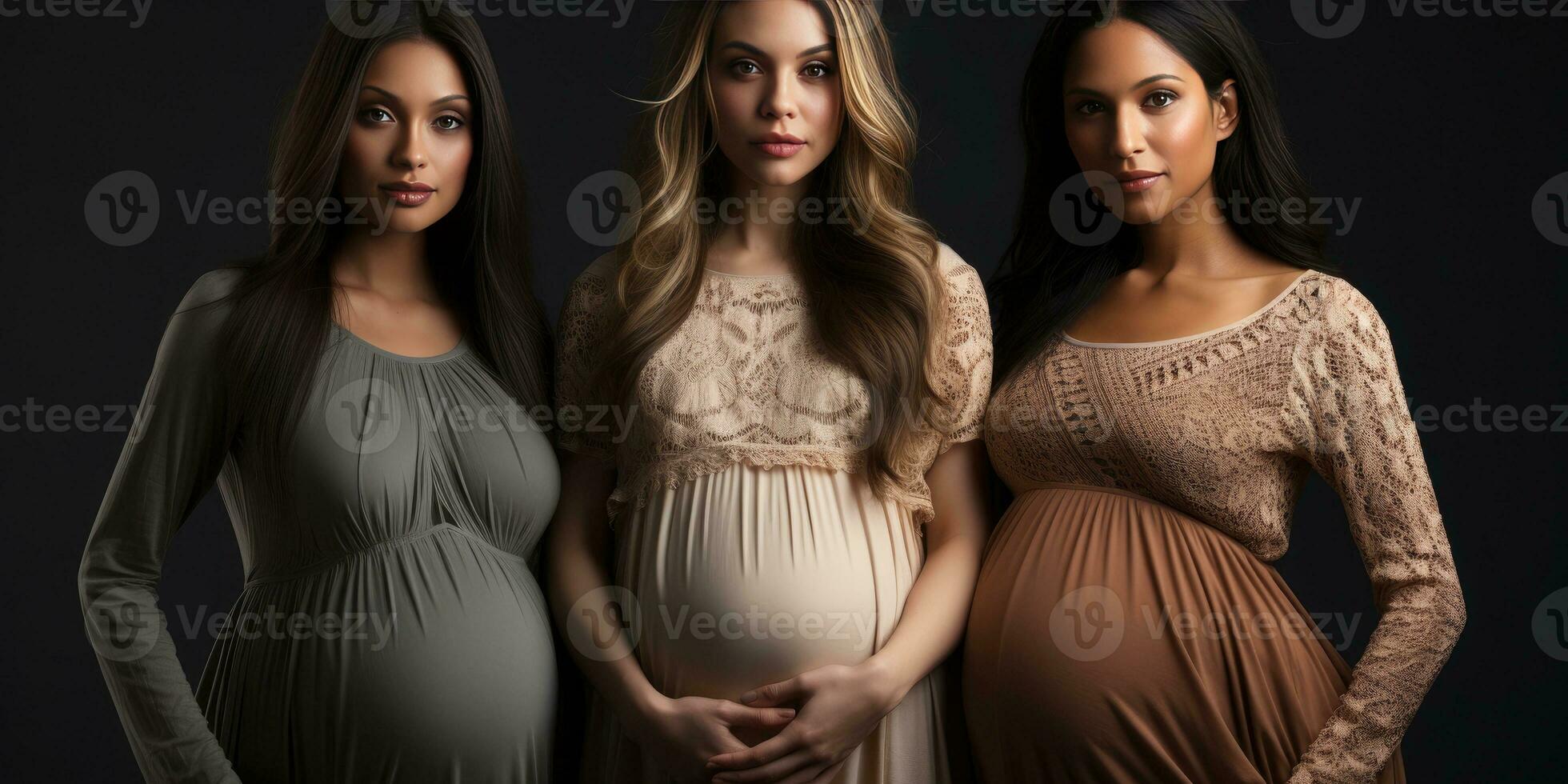 tre gravid flickor av annorlunda nationaliteter, närbild. generativ ai foto