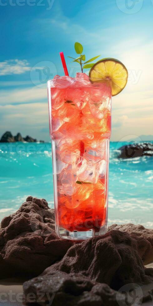 cocktail på de strand. uppfriskande cocktail med is. generativ ai foto