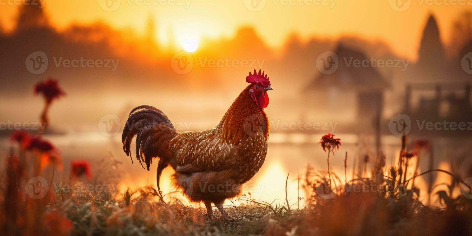 tupp i de by mot de bakgrund av solnedgång. lantlig liv begrepp. generativ ai foto