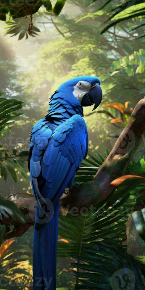 blå ara, papegoja på en gren närbild. generativ ai foto