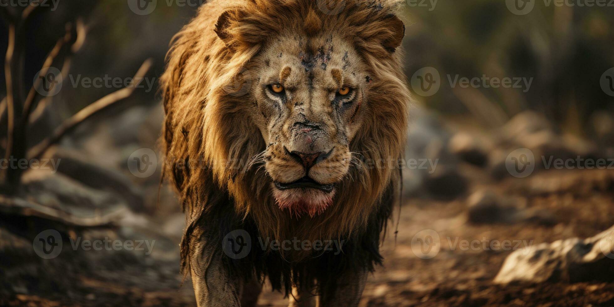 vuxen lejon vars ansikte är täckt med ärr. vild djur. generativ ai foto
