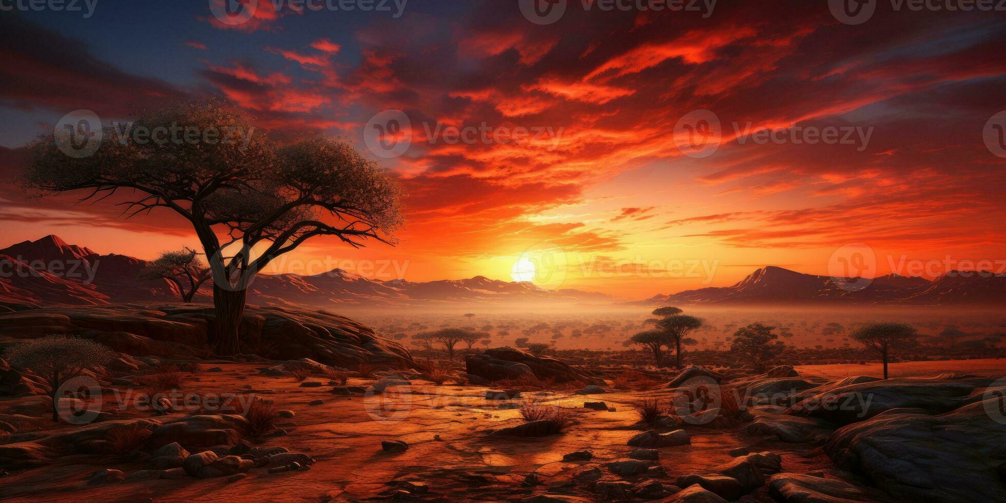 skön solnedgång i afrika med en död- träd och ljus färger. generativ ai foto