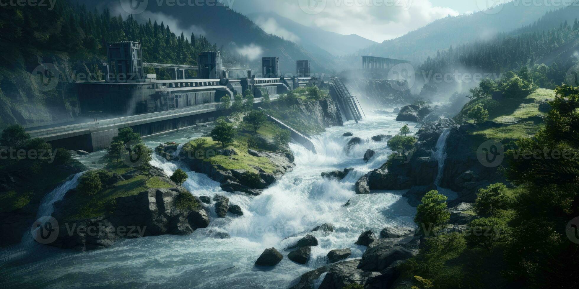 bild av en vattenkraft damm, som källa av energi de rörelse av vatten. generativ ai foto