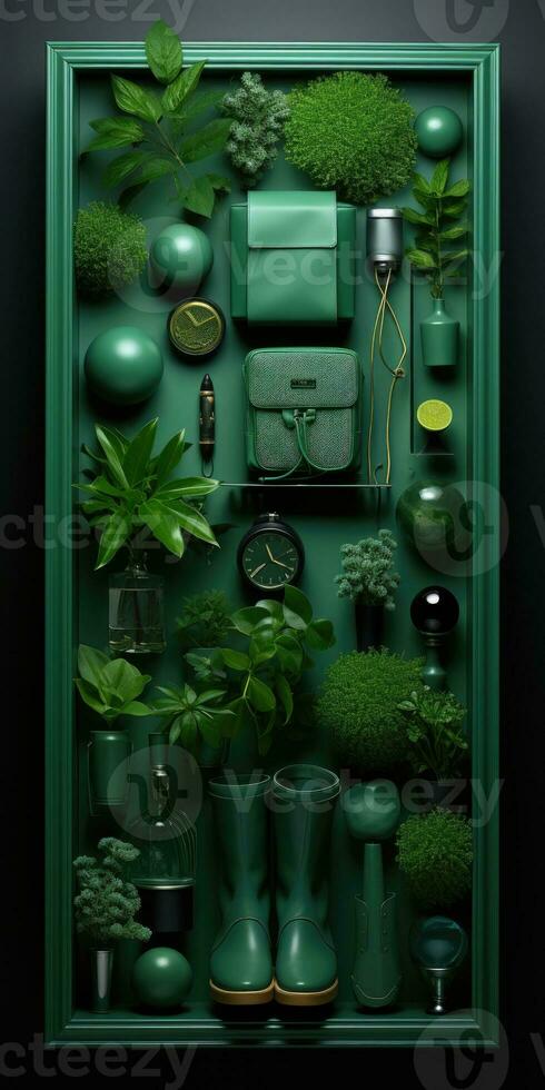 sammansättning av grön objekt på en grön bakgrund. generativ ai foto