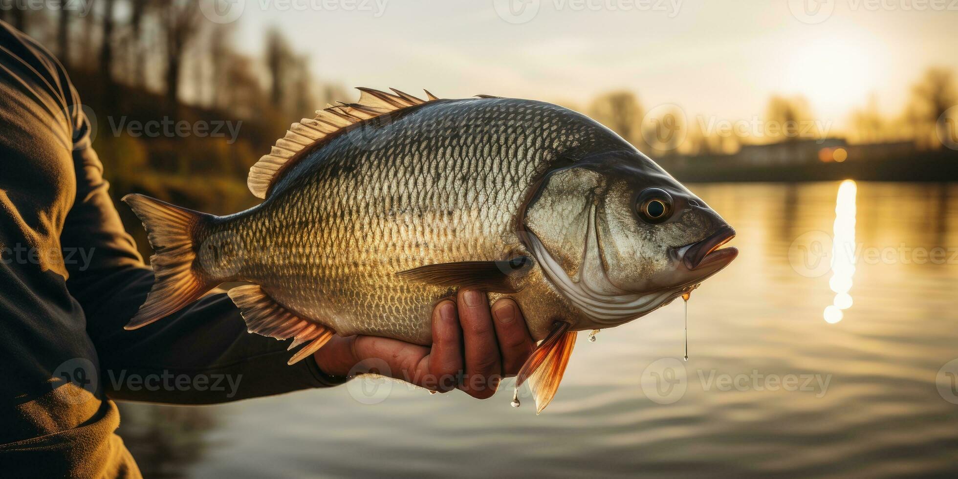 fisk i de händer på de bakgrund av flod. de tema av rekreation och fiske. generativ ai foto