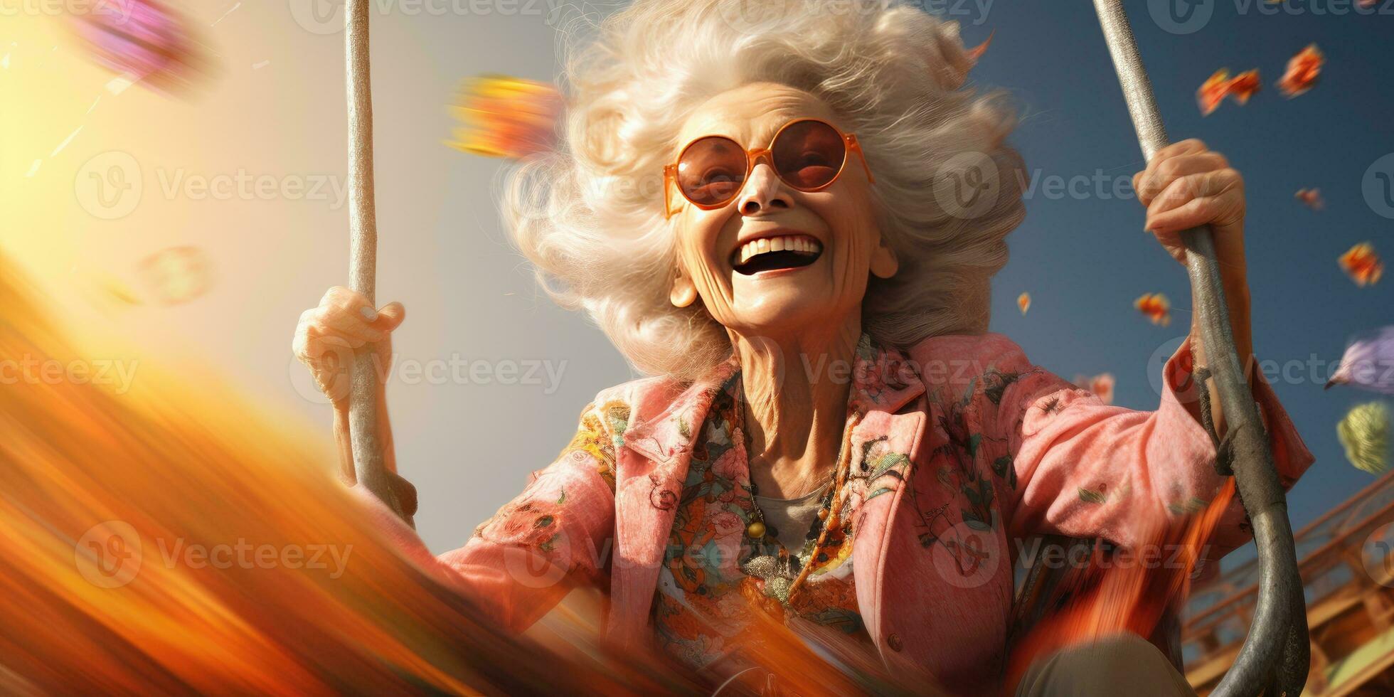 glad och Lycklig mormor rider på en gunga. generativ ai foto