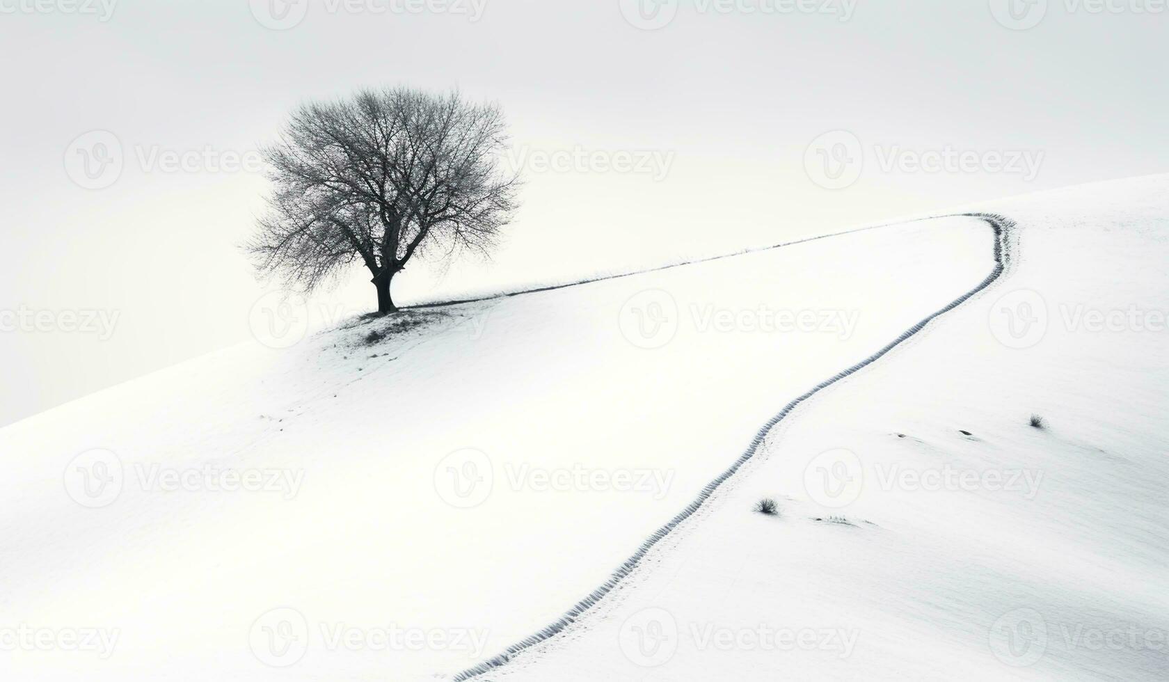 minimalistisk snöig landskap med ett träd på en kulle. ai genererad foto