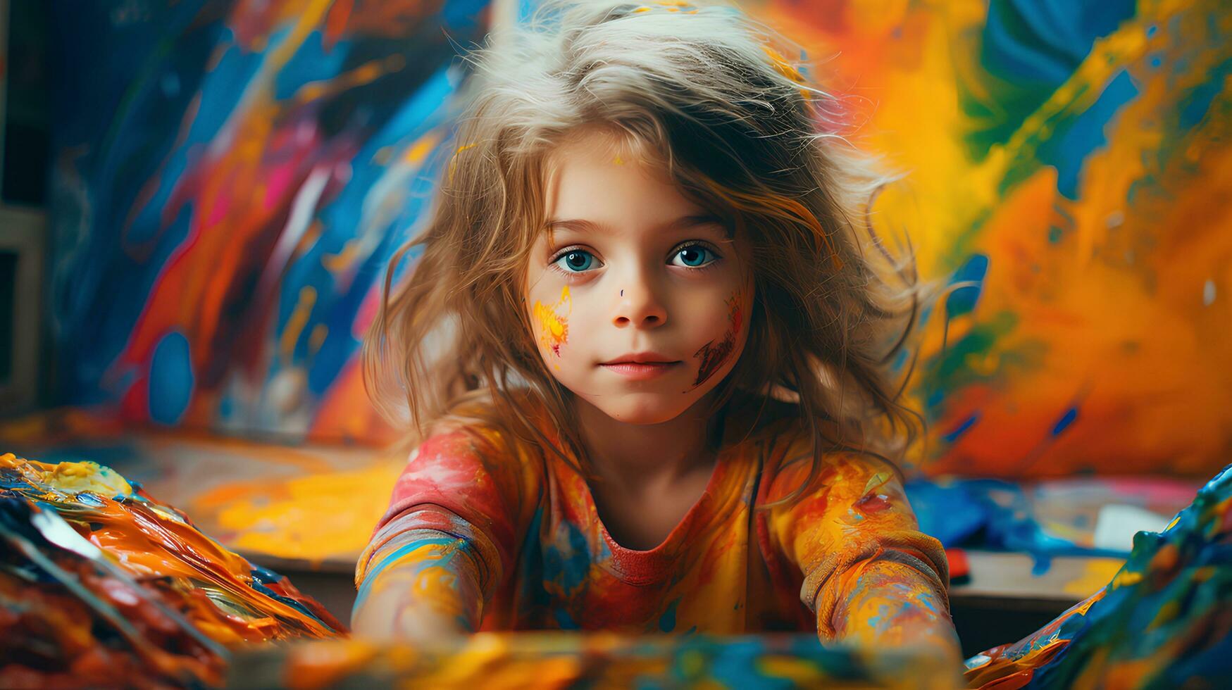 glad flicka bär färgrik ansikte måla på en glad festival.skapa ai genererad. foto