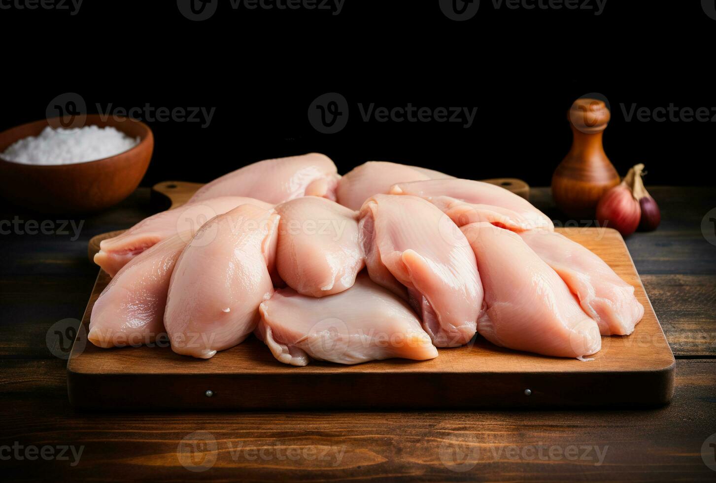 färsk kött, kyckling bröst liggande på en kök styrelse och en svart bakgrund. ai genererad foto