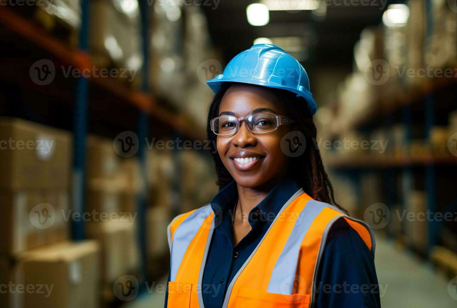 en skön kvinna i en skyddande hjälm och enhetlig arbetssätt i en lager i en tillverkning fabrik som en lager arbetstagare. stående med henne vapen korsade. ai genererad foto