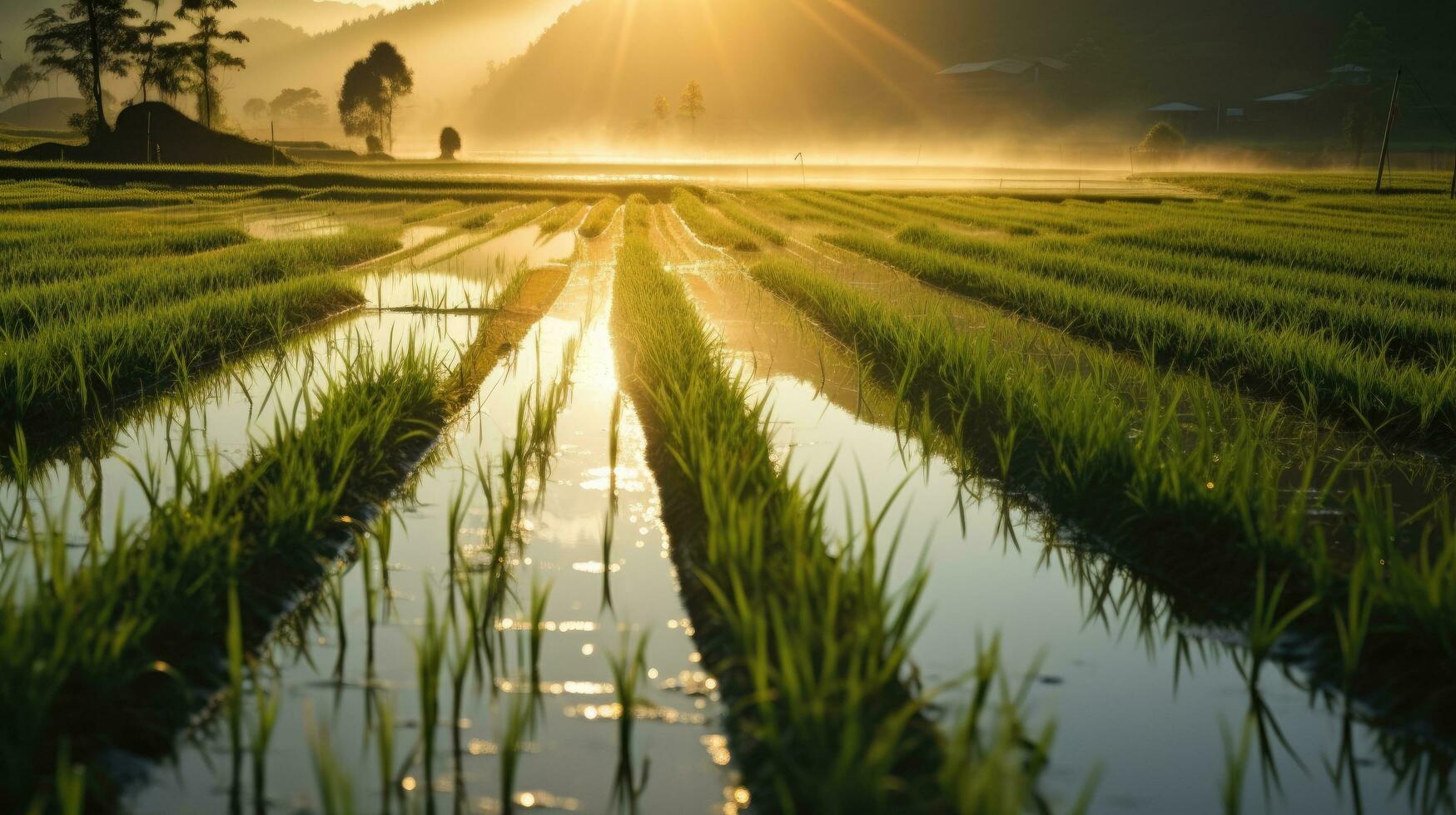 ris fält i de morgon- ai genererad foto